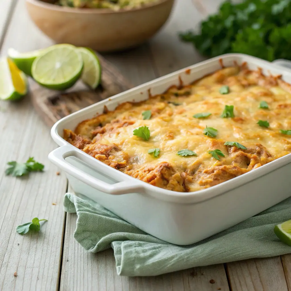Golden chicken taco casserole with melted cheese and green onions in white baking dish