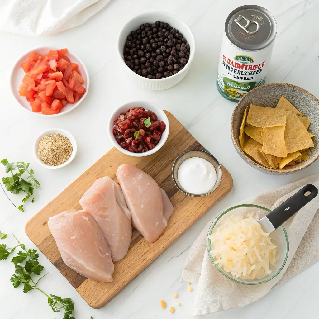 All ingredients for chicken taco casserole arranged on marble countertop including chicken, beans, tomatoes, and cheese