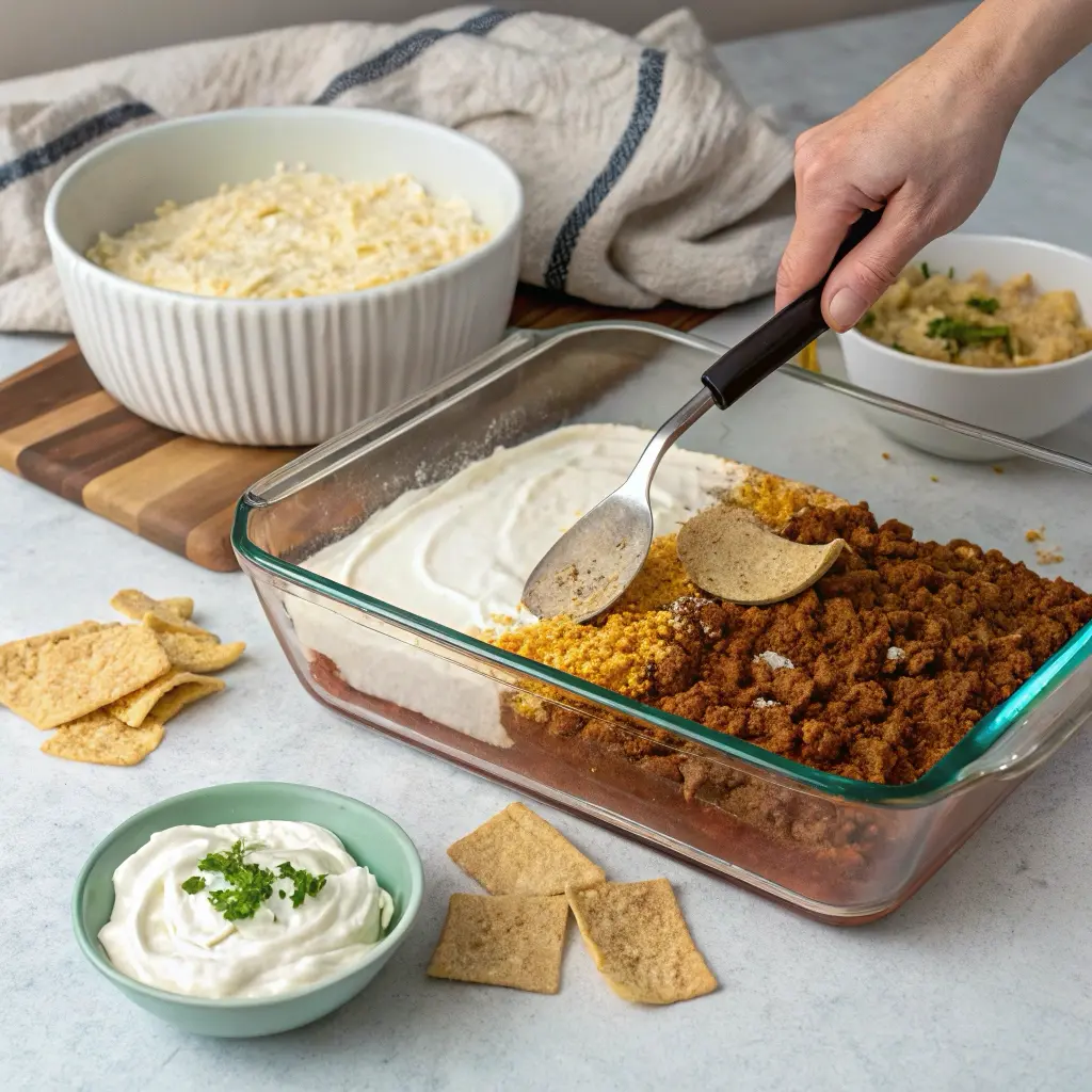 Hands layering chicken taco casserole ingredients in glass baking dish showing distinct layers