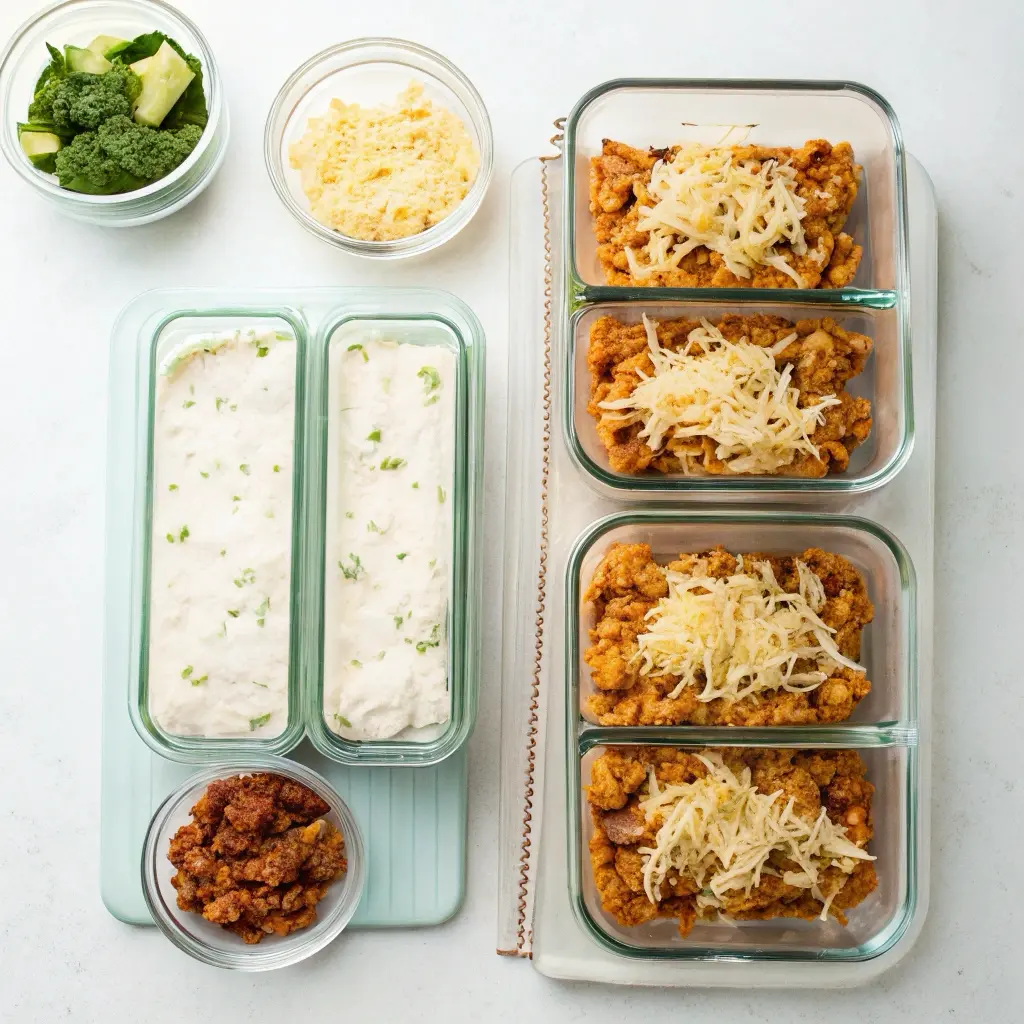 Individual portions of chicken taco casserole in glass meal prep containers for easy storage