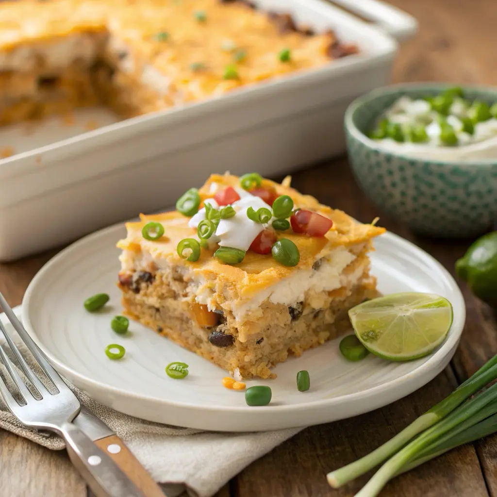 Single serving of layered chicken taco casserole on white plate showing all distinct layers