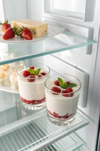 Two glasses of Greek yogurt mousse sitting on a shelf inside a refrigerator to chill and set.