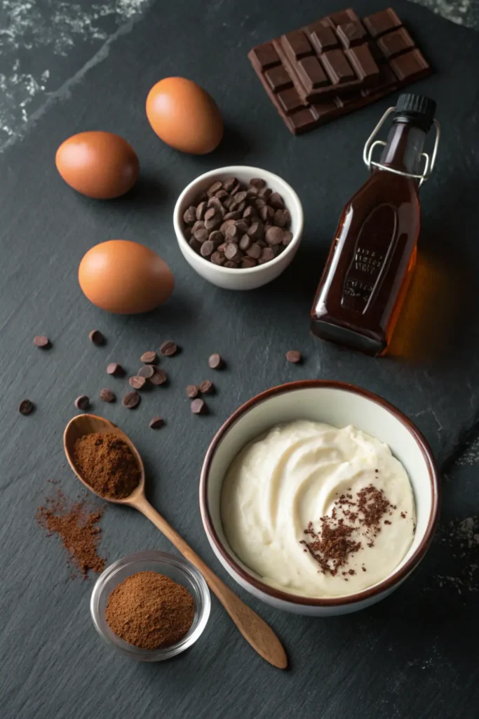 Key ingredients for fudgy chocolate protein brownies arranged on a dark slate surface.