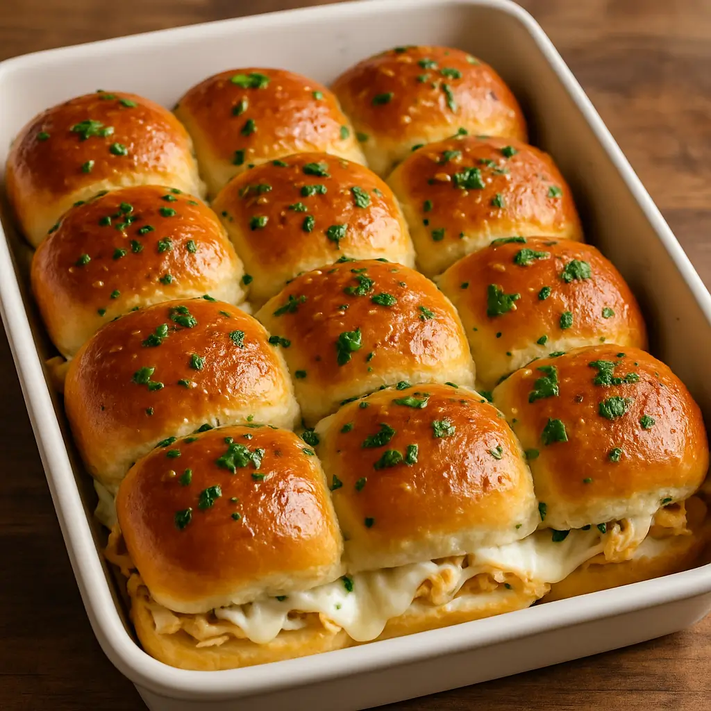 Classic chicken sliders baked in a 9x13 tray with golden tops and melted cheese