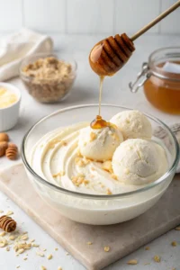 A top-down view of Greek yogurt, protein powder, and honey being combined in a glass bowl.