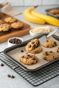 Transferring a freshly baked banana oat protein cookie from a baking sheet to a wire cooling rack.