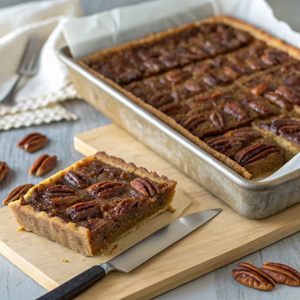 Cooled pecan pie bars on cutting board with serrated knife, ready to be cut into individual serving pieces