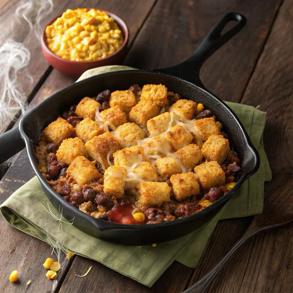 Freshly baked cowboy casserole in a cast iron skillet with golden tater tot topping, melted cheese, and visible layers of beef and beans