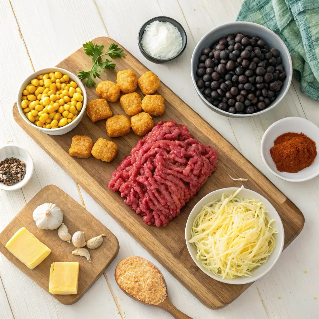 Organized ingredients for cowboy casserole including ground beef, canned beans, corn, cheese, tater tots, and seasonings on a wooden cutting board