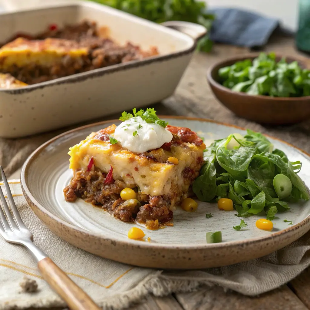 Individual serving of cowboy casserole on a rustic plate with a side salad and garnishes of green onions and sour cream