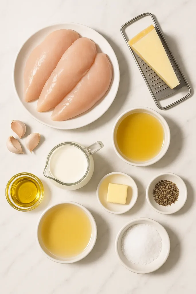 Ingredients for creamy garlic parmesan chicken laid out on a countertop.
