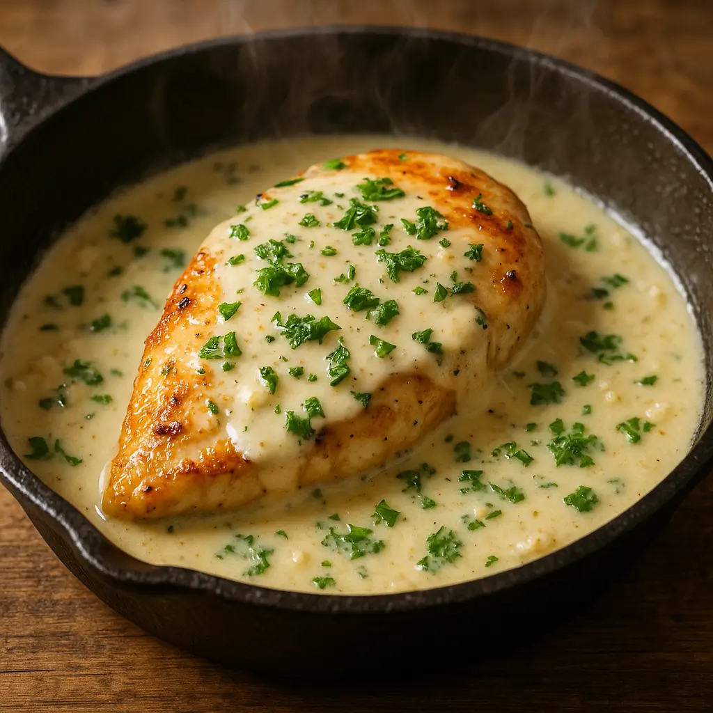 Creamy garlic parmesan chicken in a skillet with golden seared chicken and fresh parsley