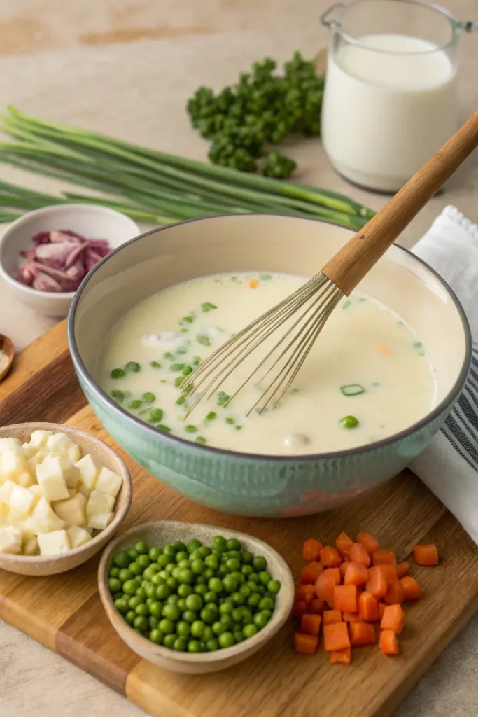Cream of celery soup being whisked with milk in a bowl with vegetables nearby