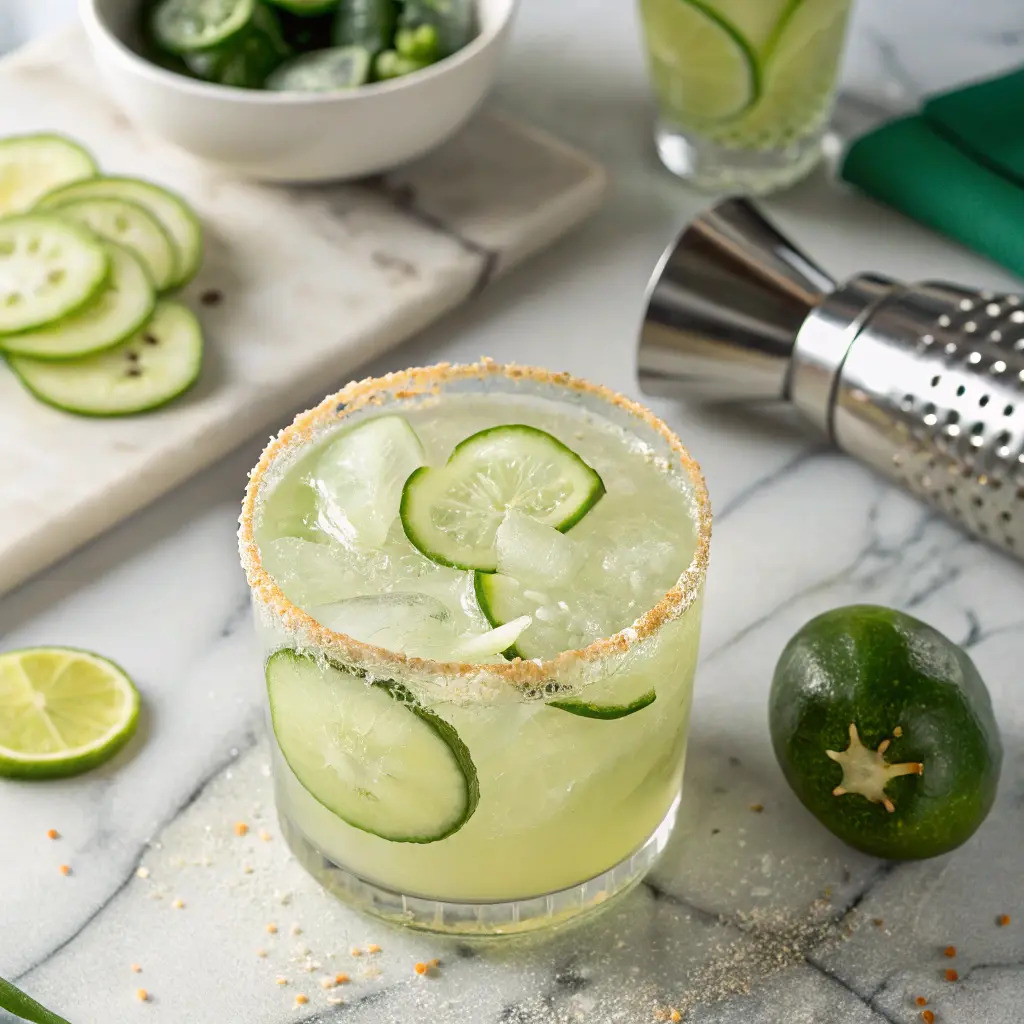 Cucumber Jalapeño Margarita cocktail with salted rim and fresh garnish on marble counter
