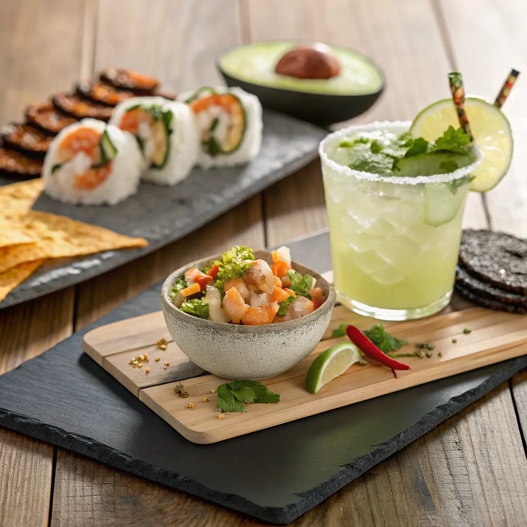 Cucumber jalapeño margarita paired with ceviche, shrimp tacos, sushi, and fresh salad