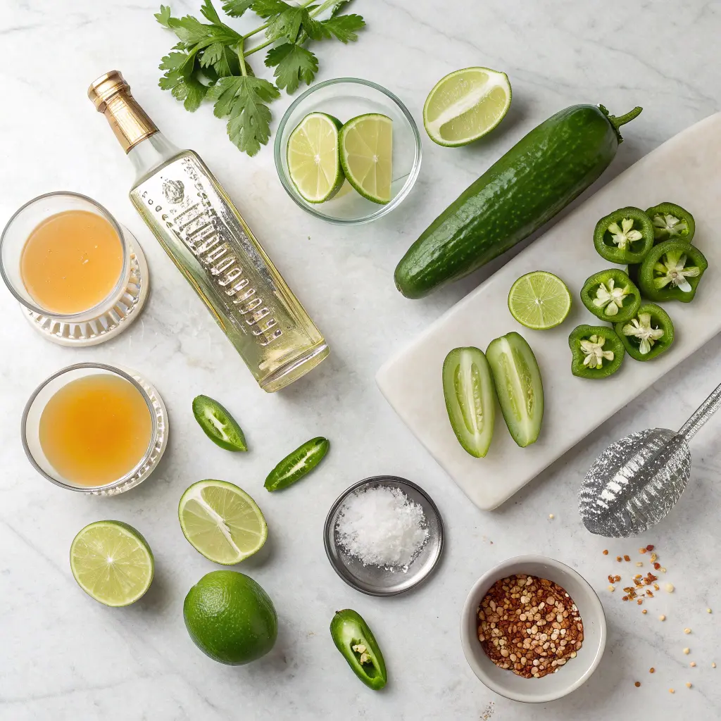 Cucumber jalapeño margarita ingredients laid out including tequila, lime, cucumber, jalapeño, and agave nectar
