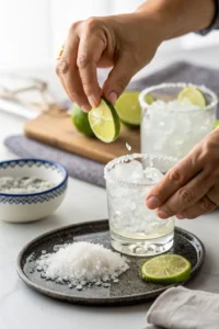 Rimming a rocks glass with salt for cucumber jalapeño margarita