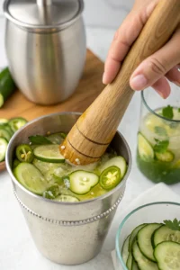 Muddling cucumber and jalapeño slices with agave nectar in cocktail shaker