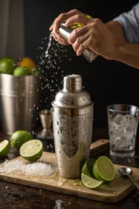 Shaking cucumber jalapeño margarita cocktail vigorously with ice