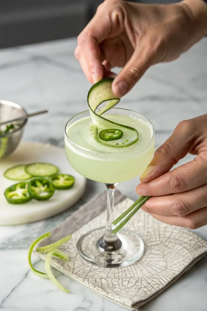 Garnishing finished cucumber jalapeño margarita with cucumber ribbon and jalapeño slice