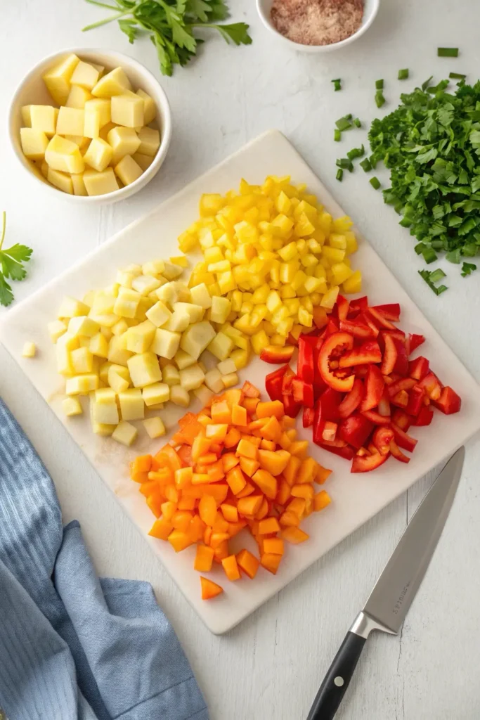 Neatly diced potatoes, bell peppers, and onions on cutting board for Potatoes O'Brien recipe preparation