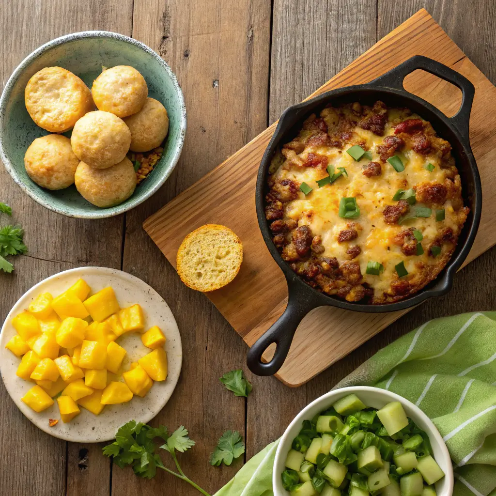 A variety of easy 30 minute meals, including a cowboy casserole, pineapple salad, and Brazilian cheese bread, arranged on a rustic table.