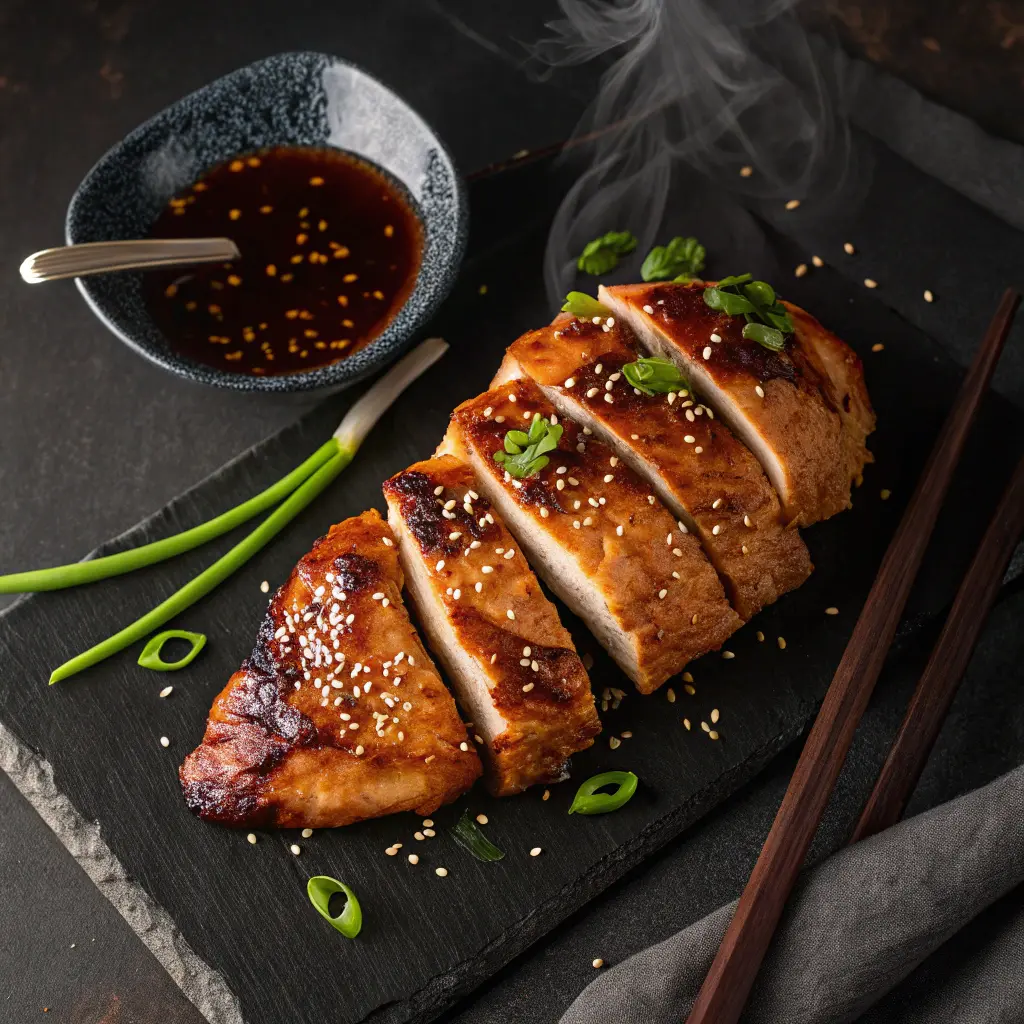 Perfectly baked Asian chicken with caramelized exterior, sliced to show juicy interior, garnished with sesame seeds and green onions