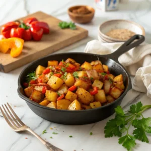 Golden crispy Potatoes O'Brien with diced bell peppers and onions in a white baking dish