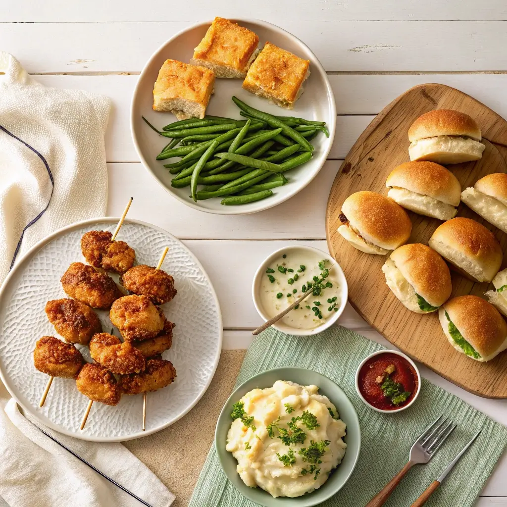 A variety of chicken dinner ideas served on a rustic family table