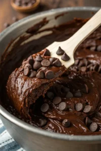 A spatula folding dark chocolate chips into a thick, glossy brownie batter.