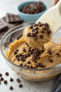 A hand gently folding dark chocolate chips into the banana oat protein cookie dough.