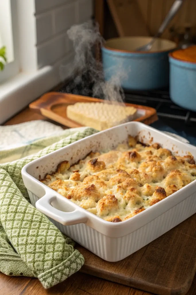 Golden-brown chicken stuffing casserole fresh from the oven with bubbling edges
