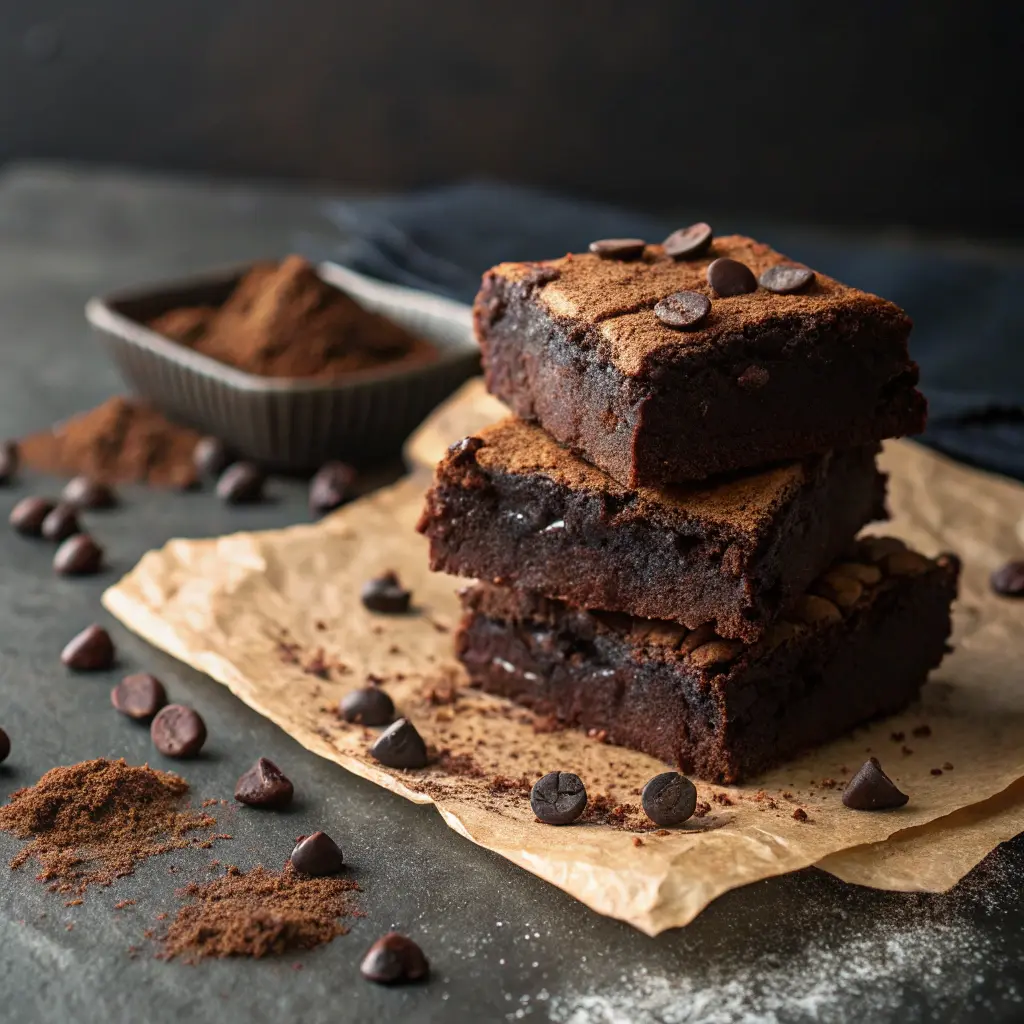 A stack of rich and fudgy chocolate protein brownies on a dark slate background.