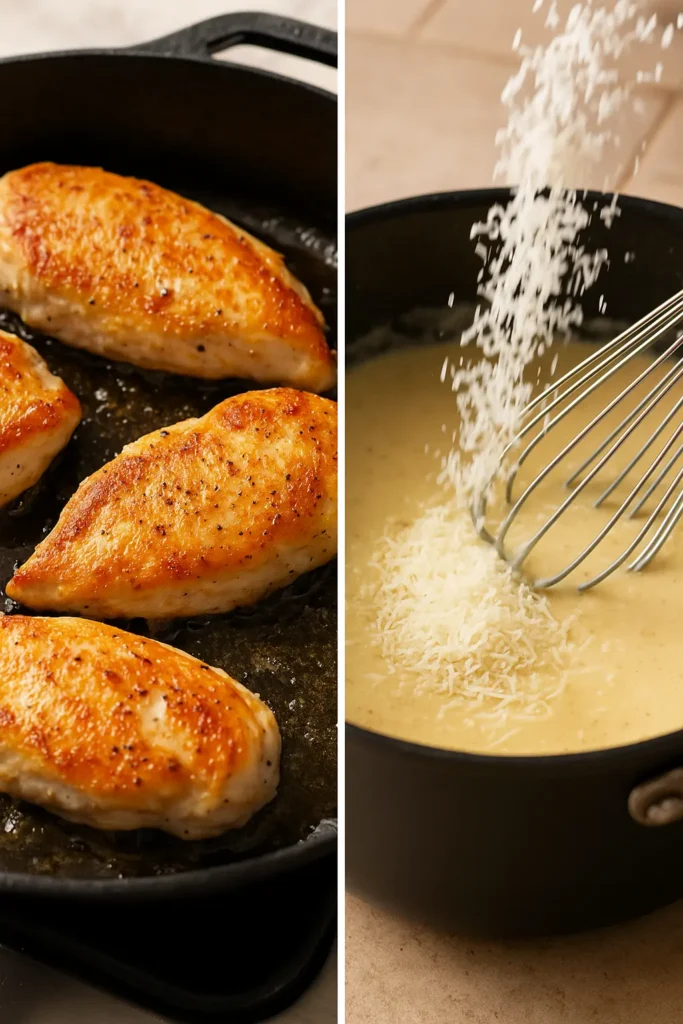Searing chicken and grating Parmesan for garlic parmesan sauce.