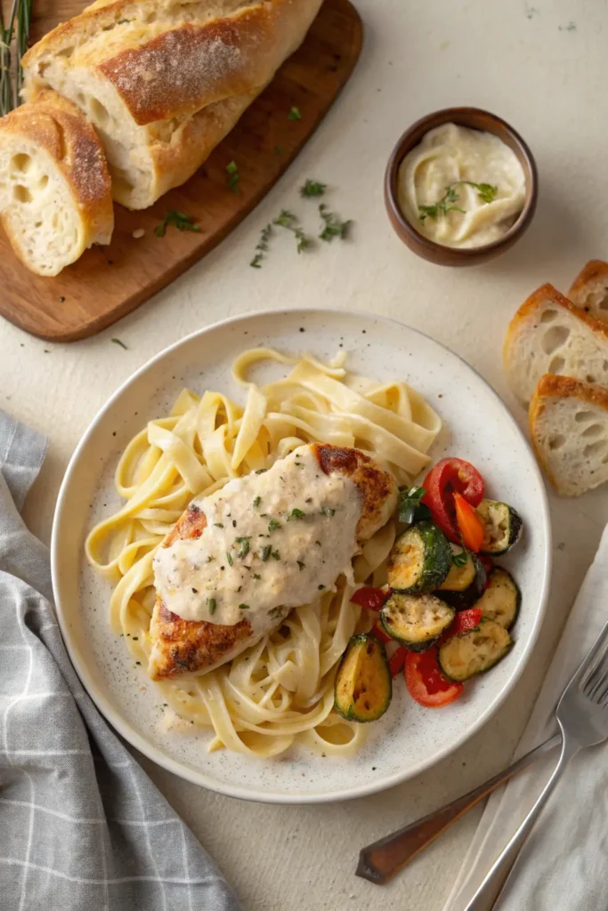 Creamy garlic chicken with pasta and sides on a dinner table