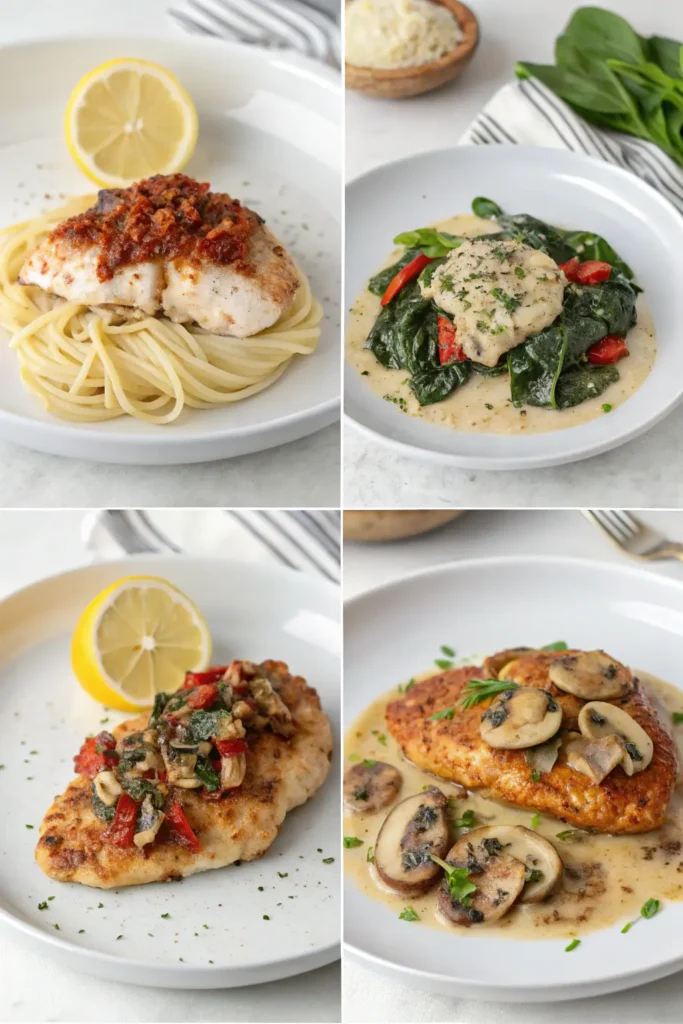 Different variations of creamy garlic parmesan chicken including spicy, Tuscan, lemon, and mushroom styles