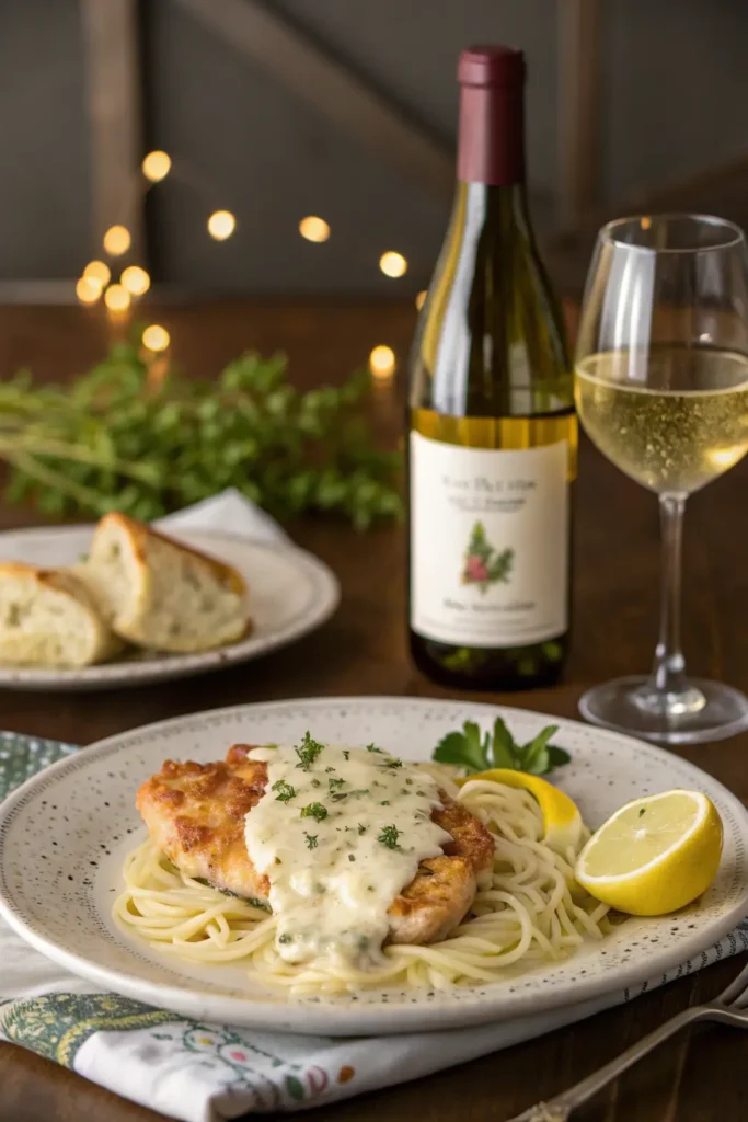 Creamy garlic chicken served with a glass of white wine