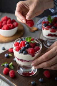 Hands carefully placing fresh raspberries and blueberries on top of a chilled Greek yogurt mousse.