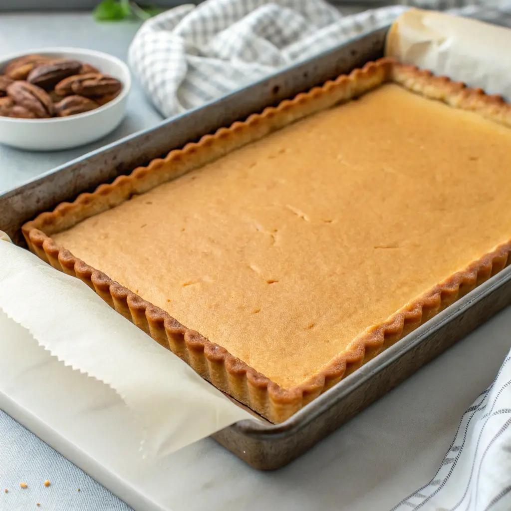 Perfectly baked golden shortbread crust in baking pan, showing the ideal color and texture before adding filling