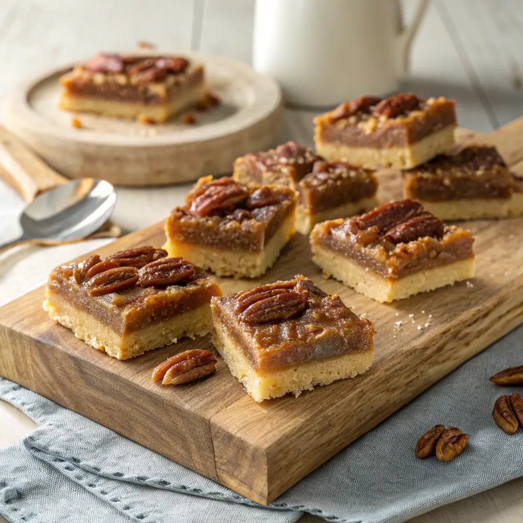 Freshly baked gooey pecan pie bars with golden shortbread crust and rich pecan topping, cut into squares on a wooden cutting board