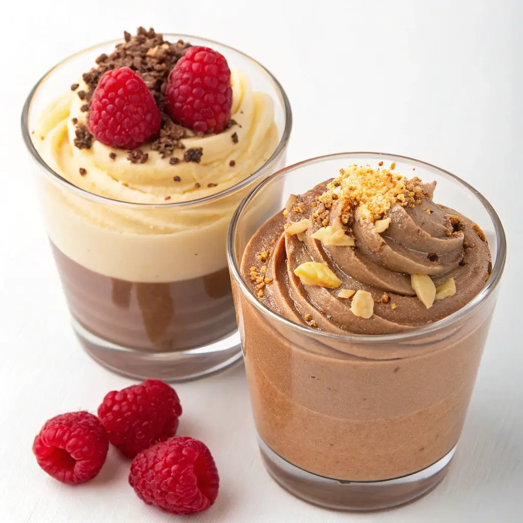 Two variations of Greek yogurt mousse, one with berries and another with chocolate and peanut butter.