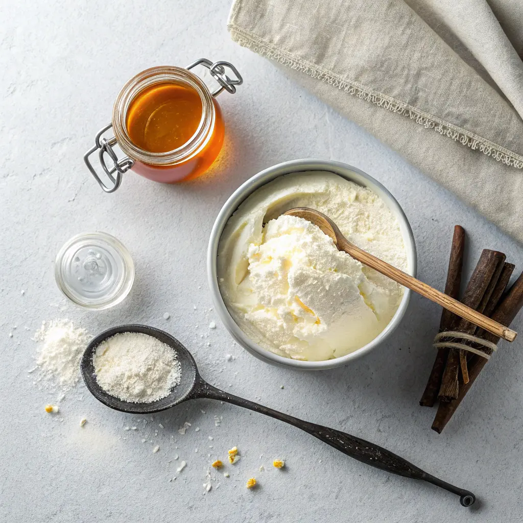 The four simple ingredients for high-protein Greek yogurt mousse: Greek yogurt, vanilla protein powder, honey, and vanilla extract.