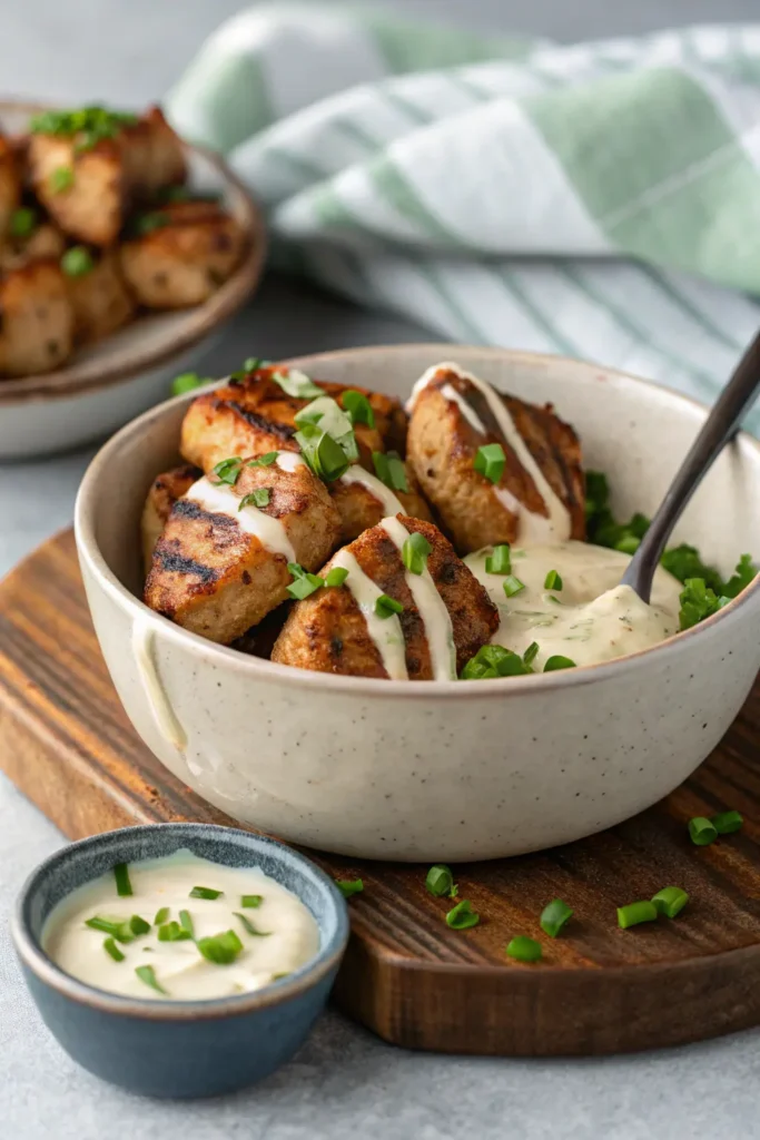 Grilled chicken bites with creamy garlic sauce and herbs