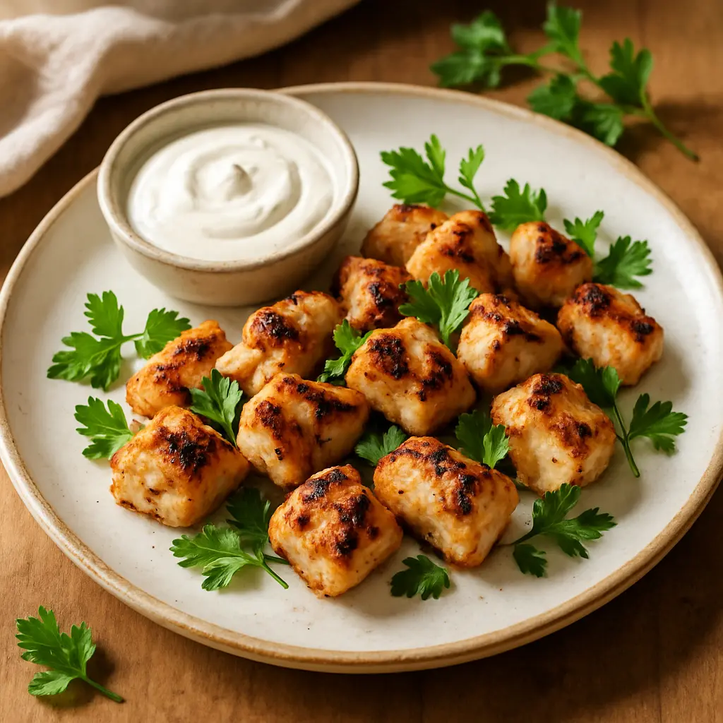 Golden grilled chicken bites with parsley and dipping sauce