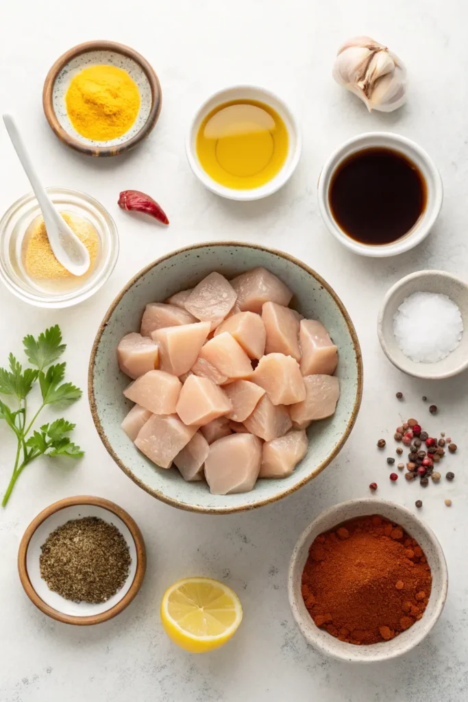 Ingredients for marinated grilled chicken bites including cubed chicken and spices