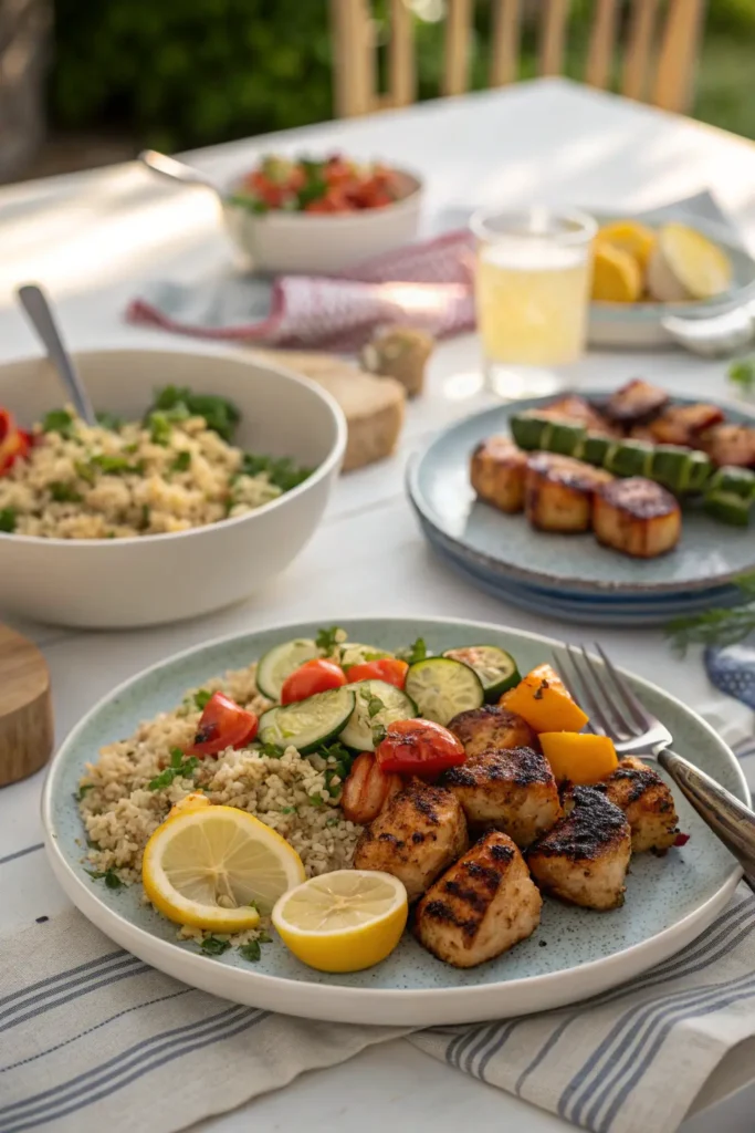 Grilled chicken bites served with quinoa salad and vegetables