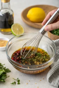 Whisking marinade in a glass bowl