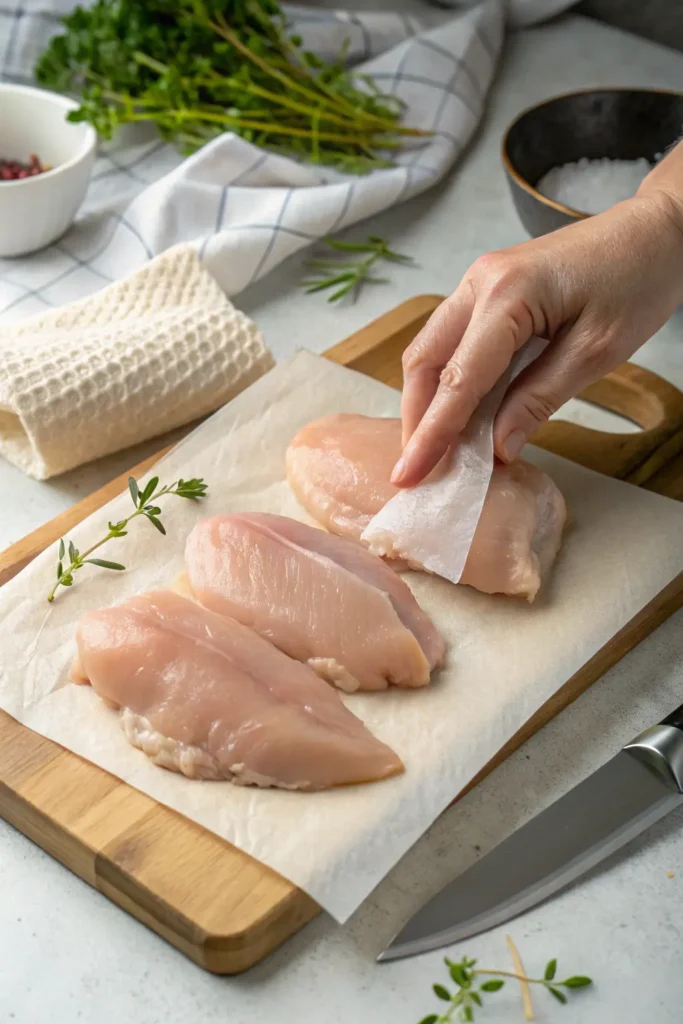 Patting chicken breasts dry before slicing