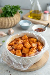 Chicken cubes marinating in a bowl