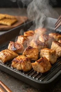 Chicken bites grilling with golden edges